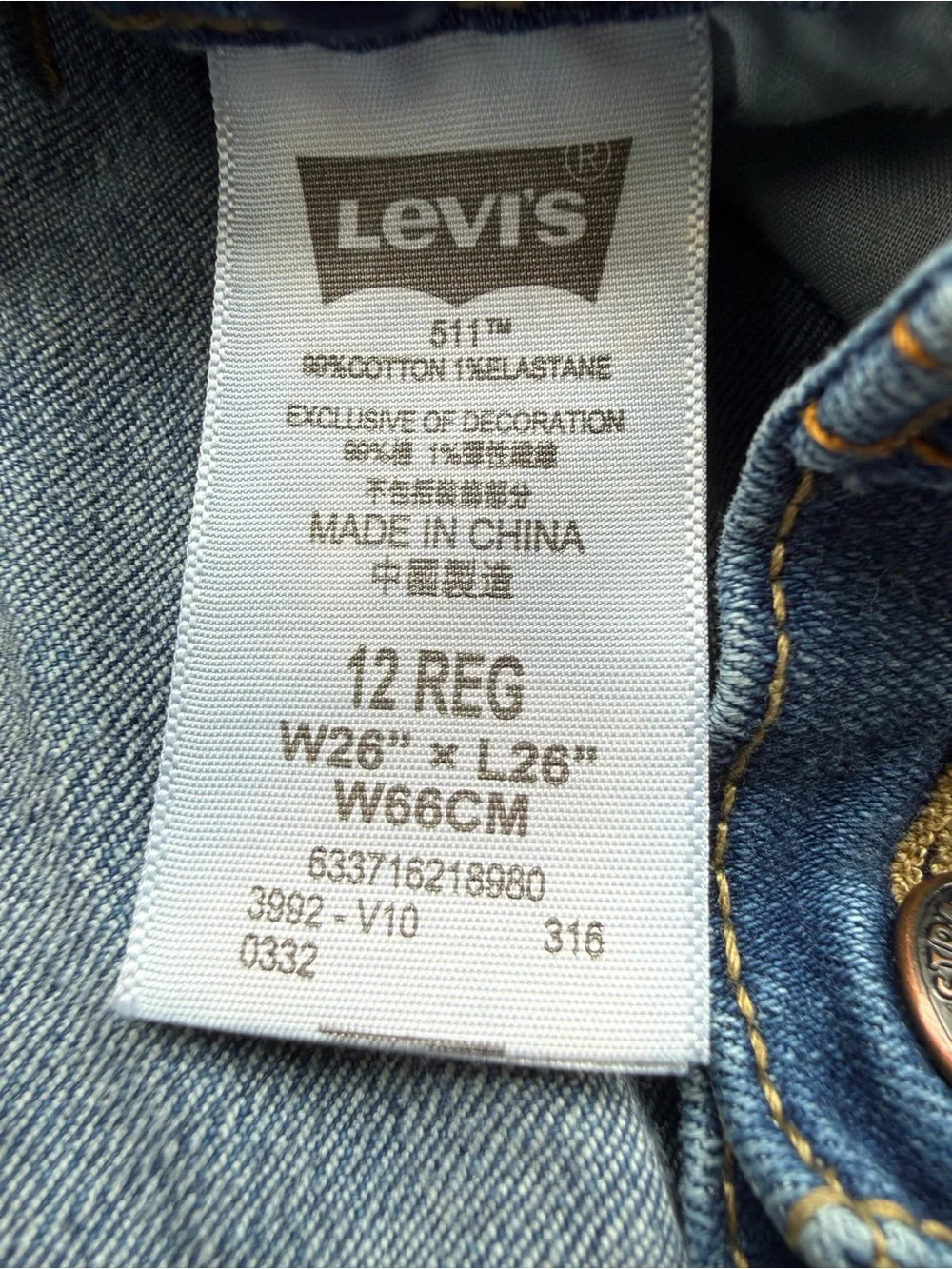 Levi’s 511 Slim Jeans Boys Size 12 Reg W26 x L26 Medium Wash Stretch Denim
